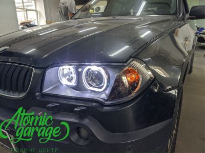BMW X3 E83, замена линз на светодиодные Diliht Novem + ангельские глазки + восстановление стекла фар - фото 7