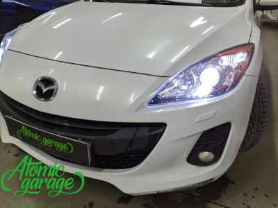 Mazda 3, замена галогеновых линз на светодиодные Aozoom A4+ + восстановление стекол фар - фото 7