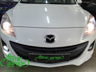 Mazda 3, замена галогеновых линз на светодиодные Aozoom A4+ + восстановление стекол фар - фото 1