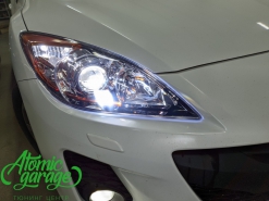 Mazda 3, замена галогеновых линз на светодиодные Aozoom A4+ + восстановление стекол фар